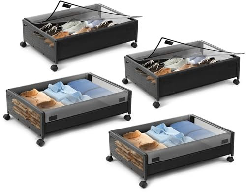 BTGGG 4 Pack Under Bed Storage Box with Lid and Wheels, Foldable Metal Underbed Storage Under Bed Shoe Storage with Sturdy Metal Support on Wheels, Large Clothes Storage Box for Clothes Blanket Books
