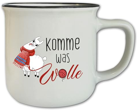 Vintage Tasse mit Spruch ″Komme was Wolle″ T102 Motivtasse Alpaka Geschenk Wolle Stricken Häkeln Retro Keramik 330 ml