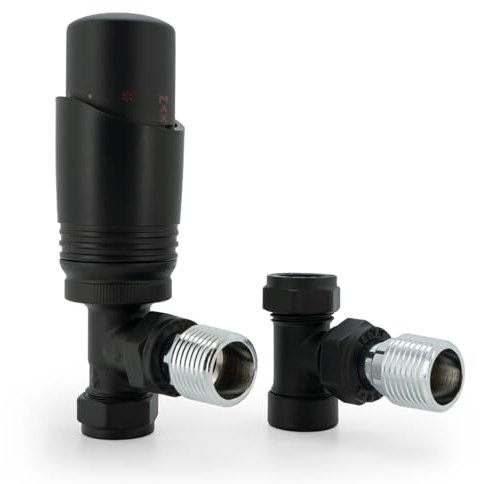VANCOCO 1/2×15mm Angled Thermostatic Radiator Valve with Lockshield Valve, Energy Saving Modern TRV H62 Brass Pair Radiator Thermostat Valves for Radiator Central Heating(Matte Black)