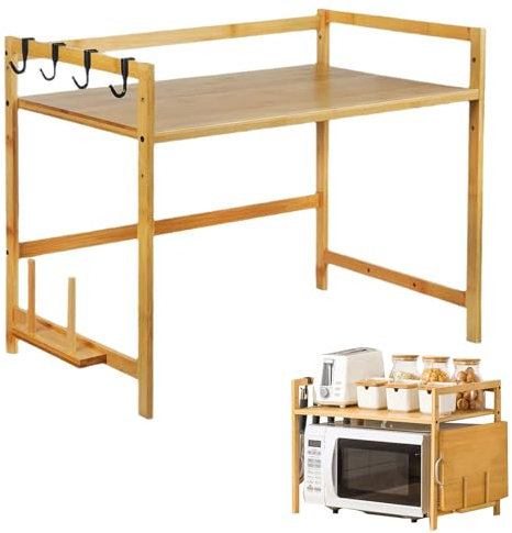 2 Tier Bamboo Microwave Oven Rack with 4 Hooks and Chopping Board Stand, Adjustable, Durable, Multifunctional, Rustic, Country Rustic, Minimalist, Casual Style, Freestanding Microwave Shelf