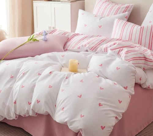 Freyamy Housse de Couette 200x200cm Amour Rose Parure de lit 2 Personne en Microfibre avec Fermeture Éclair Réversible Sets de Housse Couette Cœur avec 2 Taie d'oreiller 65 x 65cm pour Filles Enfants