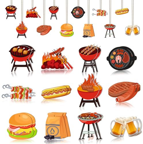 CORNER LACE 24 adornos colgantes de madera con temática de barbacoa, colgantes de madera para picnic de verano, cumpleaños, fiesta de baby shower, recortes de barbacoa, manualidades, decoración del