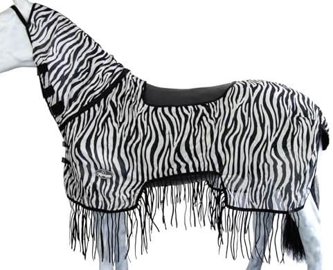Marengos - Zebra Fliegenausreitdecke mit Fransen – Pferdedecke m. Sattelausschnitt & Halsteil – Schutz v. Insekten – feinmaschige Fliegendecke – Outdoorpferdedecke in Schwarz/Weiß – 145 cm