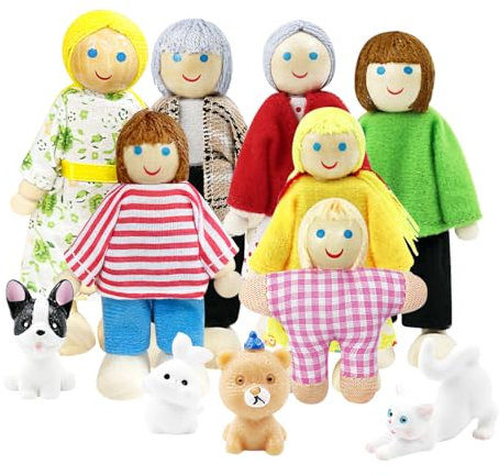 Puppenhaus Puppen 11 Stück Hölzerne Puppenhaus Puppen Familie Set, Puppenfamilie Figuren, Biegepuppen mit Katze und Hund, Puppenfamilie aus Holz Zubehör Geschenk
