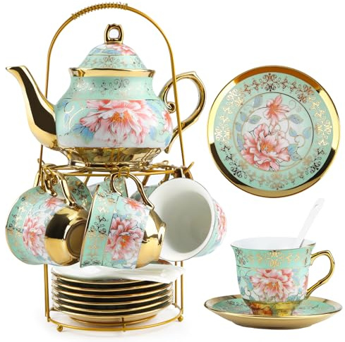 20 Pcs Porcelain Tea Set with Metal Holder and Spoon, European Ceramic Tea Set for Adults, European Flower Painting Teapot Cup Saucer Spoon Set for 6, Gift Pack