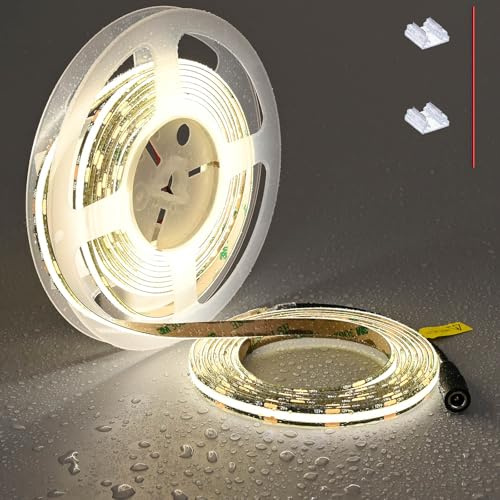 TOPAI 12V COB LED Streifen 5M 4000K Naturweiß Schwarz PCB IP65 Wasserdicht | Selbstklebend, 480LEDs/M, CRI92+, 800lm/M, Flexibel 8mm Breite, Schneidbar für Küchen, TV, Schlafzimmer