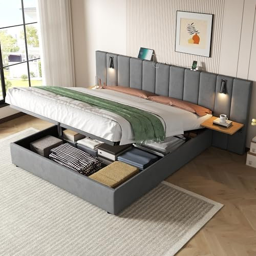 Upholstered Ottoman Bed with Charging Station & Reading Light, 5ft King Size Bed Frame Hydraulic Storage Bed with Large Channel Tufted Headboard & Adjustable Bedside Shelf, Velvet, No Mattress, Grey