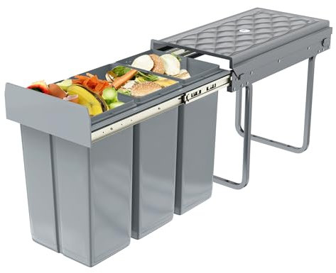 VANCHEMO Einbaumülleimer 3x10 L, Mülltrennsystem Ausziehbar Mülleimer Küche 3-Fächer Mehrfachbehälter Abfallsammler Schrankmülleimer Geruchsdicht Komfortabler Zugang für Küche 48x26x42cm