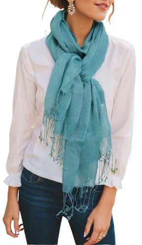 Prettystern Unifarbe Damen Herren 100% Leinen Frühling Sommer-Schal mit Fransen - T16 Pastellblau-grün