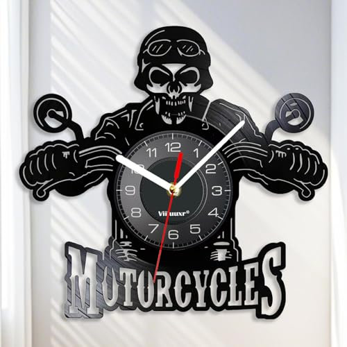 Viiluuxr Vinyl Schallplatten Uhr 30cm Wall Clock Schädel Motorrad Ausgefallene Wanduhren ohne Tickgeräusche Halloween-Totenkopfgesicht Deko Interessante Geschenke für Horror-Fans. (Schwarz)