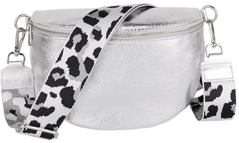 MIRROSI Damen Bauchtasche aus Echtleder, Made in Italy. Als Umhängetasche, Brust- oder Schultertasche tragbar, 26x20x8 cm, Reißverschlussfach hinten. (Metalic Silber: Leo)