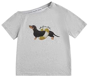 Aelfric Eden Dachshund Off Shoulder Tshirt Damen Cartoon Dog T-Shirt Sommer Oberteil Casual Kurzarm Shirt Basic Rundhals Top Y2K Grau, M