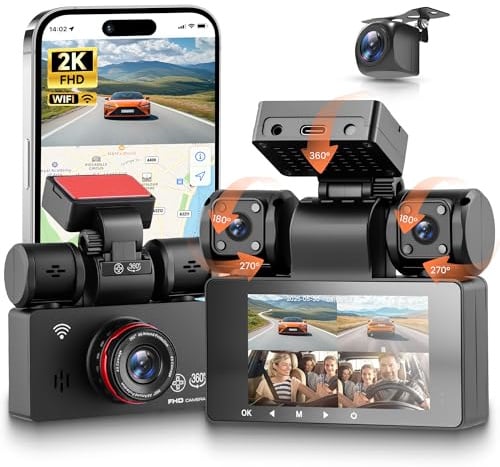 360° 4 Kanal Dashcam Auto Vorne und Hinten Links Rechts 2K+1080P, 3 IPS Display, WiFi Dash Cam mit IR Nachtsicht, WDR, APP Steuerung, G-Sensor, Loop-Aufnahme, 24/7 Parküberwachung, Einparkhilfe
