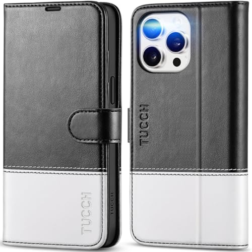 TUCCH Case for iPhone 15 Pro Max (6.7) 5G, PU Leather Wallet Magnetic Protective Foldable Cover with[RFID Blocking]Card Holder[Shockproof TPU][Kickstand]Compatible with iPhone15 Pro Max, Black&White