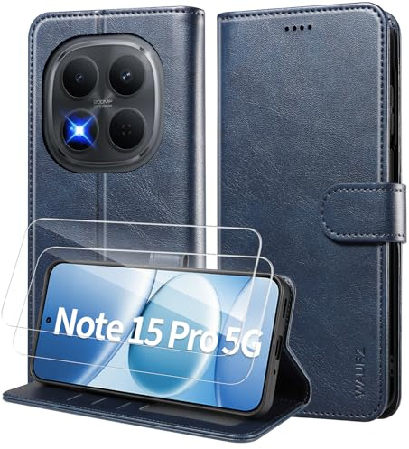 WAURZ Portefeuille Coque pour Xiaomi Redmi Note 15 Pro 5G,Bleu | Etui Cuir Pochette avec 2 Verre Trempé Porte Carte Antichoc, Housse à Rabat Clapet Magnétique Étui Protection RFID Flip Case
