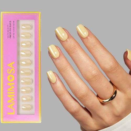 LAMIMOSA 32Pcs Press On Nails Short Square – Butter Yellow False Nails with Glue, Soft Gel Stick On Nails in 16 Sizes, Reusable Chrome Glazed Fake Nails Kit, Summer Glue On Nails, BUTTER GLAZE