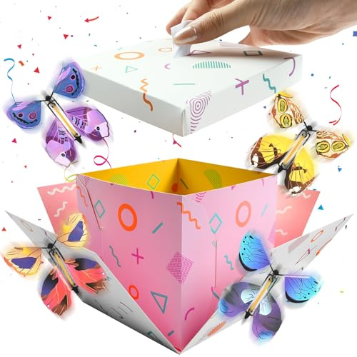 Schmetterling Explosion Geschenkbox, Explosionsbox Geburtstag, Überraschung Geschenk Box, Geschenkbox Fliegende Schmetterlinge, 12.5 x 12.5 x 12.5 CM, für Geburtstage Valentinstag Weihnachten