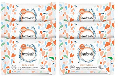 Femfresh Intimate Wipes - Flushable & Biodegradable Disposable Feminine Hygiene Vaginal Cloths with Calendula & Aloe Extracts - Freshening, Soothing, pH Balanced, Hypoallergenic – Pack of 6 x 25 Wipes