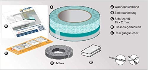 Mabo Wannendichtband 3m Abdichtung von Duschwannen und Badewannen, Flexible Abdichtung, Wasserfest, Butyl-Gummi, Streifen