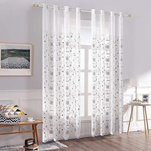MIULEE Voile Tenda per Finestra con Occhielli Tende Trasparenti per Soggiorno e Camera da Letto 2 Pannelli 140 X 260 cm Fiori Grigio