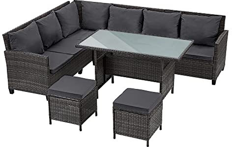 Panana 8-Seater Rattan Corner Sofa Set with Table & Stool, Outdoor Wicker Patio Lounge Furniture Set for Garden, Patio, Balcony, and Conservatory (Mixed Grey Wicker with Grey Cushions)