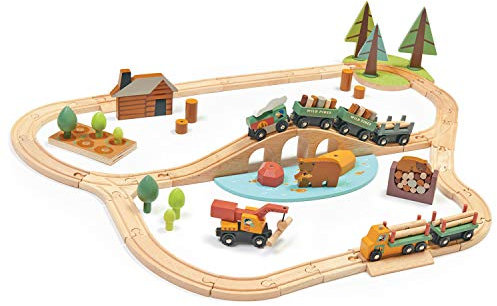 Tender Leaf Toys Eisenbahn Wald mit Zubehör (Holzspielzeug, Material Holz, Kinderspielzeug, fördert die Feinmotorik, Bunt) 7508702