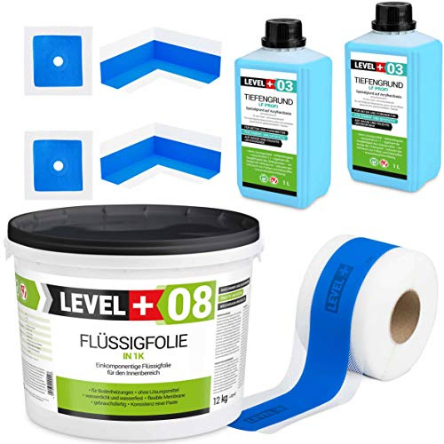 Dicht-Set 12Kg Flüssigfolie, 5m Dichtband,2 Innenecken, 2 Wandmanschetten | 2L Tiefengrund, Dusche, Bad, Küche SET329