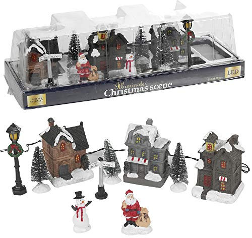 URBNLIVING 10 Pcs LED Light Up Christmas Scene Festive Town Village Xmas Decor Illuminated Decoration Set | Requires 2 x AA Batteries | Gift Boxed