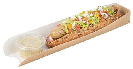 Restaurantware Bio Tek 11.8 x 2 x 1.3 Inch Hot Dog Trays 200 Open-Design Hot Dog Containers - Greaseproof Recyclable Kraft Paper Hot Dog Serving Trays