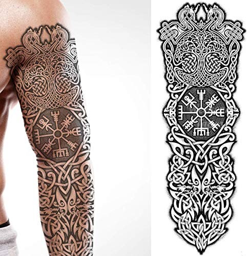 Tatodays temporäres wikinger tattoo mit vollem arm, zum aufkleben, körperkunst, isländisch, mittelalterlich, keltisch, transfer für frauen und männer, cosplay, halloween, erwachsene, kostüm