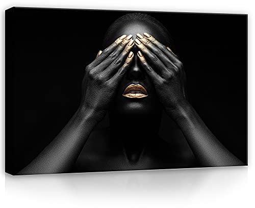 WallArena - Leinwand Bilder - Frau Lippen goldene Lippenstift - 60x40 cm Leinwandbilder - Bild auf leinwand - Wandbild XXL groß Wandbilder für Wohnzimmer Schlafzimmer Wohnzimmerbilder Modern