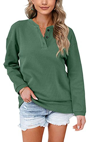 Aokosor Womens Sweatshirts Ladies Jumpers for Women UK Long Sleeve Tops Ladies Loose Sweatshirts with Buttons Plain Size 18-20 Green