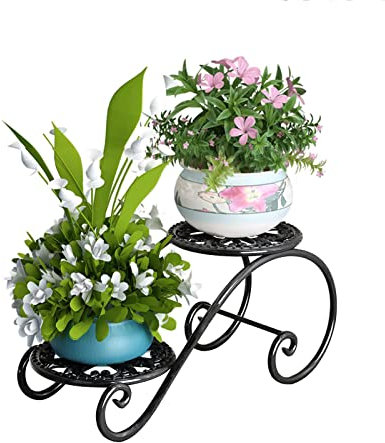 Étagère Plante Intérieure, Porte Plantes Fer Forgé Extérieur Intérieur de 2 Niveaux Support Pot de Fleurs Intérieur Idéal pour Maison Balcon Terrasse Jardin (le noir-2)