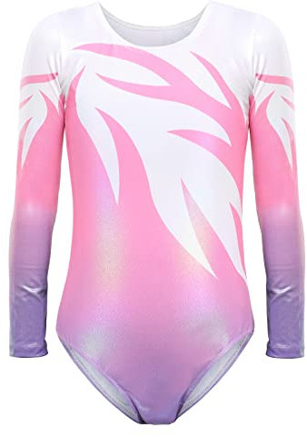 Bezioner Kinder Turnanzug Mädchen Gymnastikanzug Trikot Lange Ärmel Ballett Tanzbekleidung Rosa 130 für 8-10 Jahre,130-140 cm