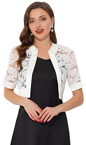 Allegra K Bolero Shrug for Women Halloween Costume Satin Panel Short Sleeve Lace Cardigan White l