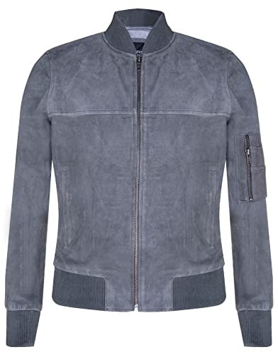 Mens Grey Goat Suede Bomber Jacket Real Genuine Leather MA-1 Varsity Retro 2XL