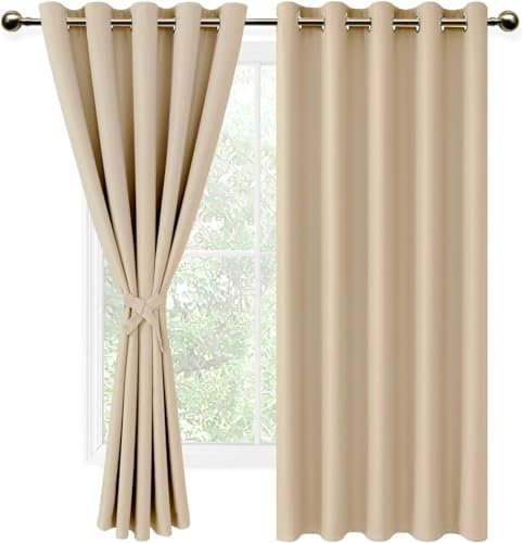 DWCN Vorhänge Blickdicht mit Raffhalter Verdunklungsvorhänge mit Ösen 2 Stücke Thermovorhang Hitzeschutz für Schlafzimmer, WonhzimmerBüro, Biscotti Beige, 137x167cm(HxB)