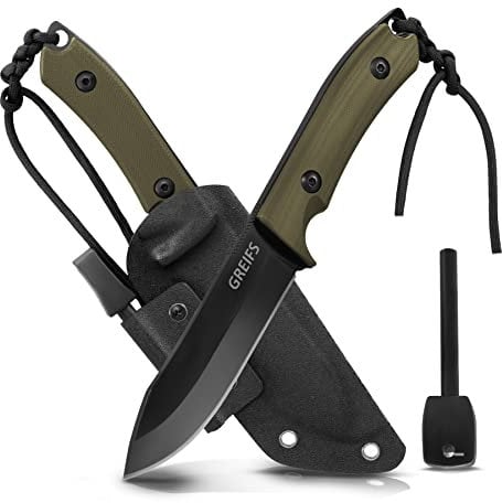 GREIFS® Outdoor-Messer aus D2 Stahl mit Kydex Holster und Feuerstahl, edles Survival Messer für die Bushcraft Ausrüstung, Jagdmesser, Schnitzmesser, Fahrtenmesser (Milan/Olive)