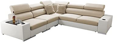 All4All Ecksofa mit Schlaffunktion Seo III - Schlafsofa mit Bettkasten - Sofa L-Form 282x282 cm - Eckcouch - Gewebe mit Kunstleder - verstellbare Kopfstützen - Linke Seite - Beige/Weiß - Modern 26