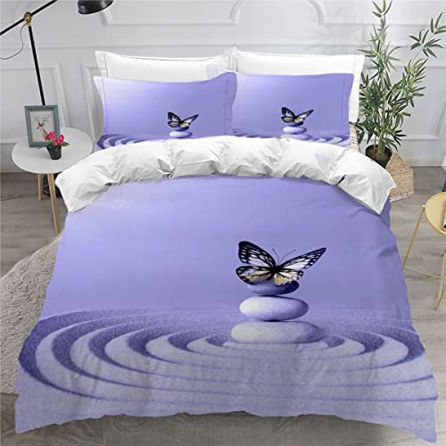 TiaoTian Bettwäsche 135x200 Zen Kinder Bettwäsche Set Leicht Atmungsaktiv Mikrofaser 3 Teilig Kiesel Schmetterling Lila Bettbezug mit Reißverschluss 2 Kissenbezüge 80x80 Jungen Mädchen