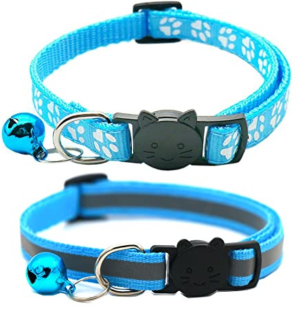 Hepplly Lot de 2 colliers réfléchissants à dégagement rapide pour chat avec clochette (bleu clair)
