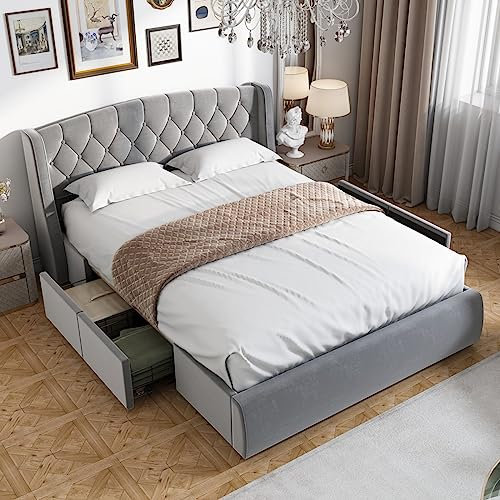 Sweiko Polsterbett 140 x 200 cm,Samt Bettgestell mit Schubladen aus stabilem Drahtgeflecht,Moderne Funktionsbett Doppelbett mit Lattenrost und 4 Bettschubkästen,ohne Matratze,Grau