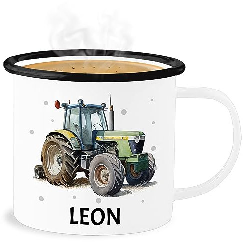 Emaille Becher Blechbecher - Trecker Name I Trecker Fan I Traktor Geschenk personalisiert I Geschenk Landwirt - 300 ml - Weiß Schwarz - personalisierte tasse kita trinkbecher kindergarten traktoren