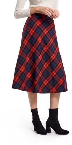 Jupe Longue Femme Hiver Taille Haute Élégant Carreaux Laine Midi Skirts A-Ligne Plissée Jupe avec Poches Red XL