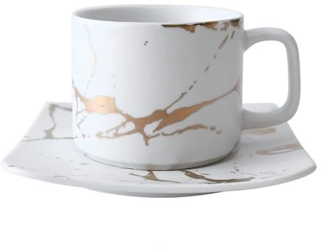 VollfitYYu 280ml Cappuccino Tassen Set,Marmor Kaffeetasse mit Untertasse Espressotasse Porzellan Teetasse mit Unterteller Kaffeeservice für Zuhause Büro Party Café (Weiß)