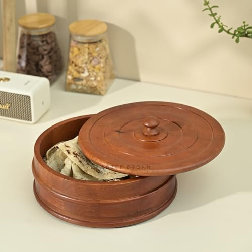 Brick Brown Handcrafted Wooden Vintage Chapati Box for Kitchen | Tortilla Warmer Basket | Hot Pot Casserole for Roti Server Tableware Serving | Case Roti Dabba with Lid (9 × 9 × 4.5 Inch)