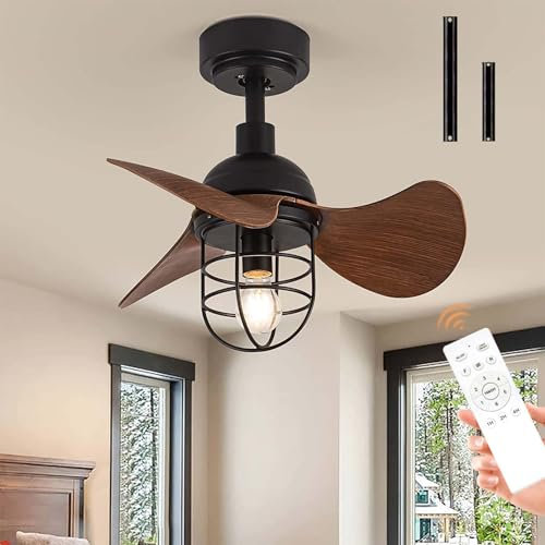 Vintage Ventilador De Techo Pequeño Con Luz, Lámpara Rústica Y Mando A Distancia, E27, Silencioso 6 Velocidades, Reversible DC Motor (Color Madera)