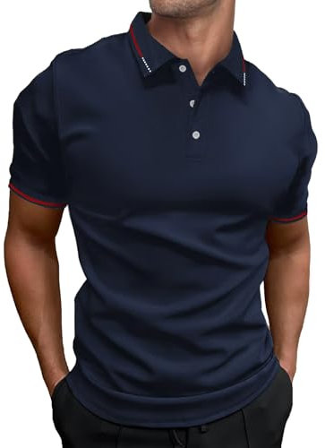 HMIYA Herren Poloshirt-Kontrast Kurzarm Polohemd Male Polo Klassisches,Navy,L