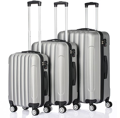 LEADZM Set de 3 Valises de Voyage (Grande Taille & Cabine), Lot de 3 Valises avec roulettes 360°, Coque Rigide ABS (Style 2, Gris Argenté)