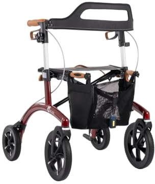Saljol Allround Rollator in Vollausstattung, 6,4 kg Leichtgewicht mit Sitz, Rückengurt, Tasche, Stockhalter, Klingel, LED-Licht | Outdoor Gehhilfe für Stadt und Land, Sitzhöhe 54 cm, Rot